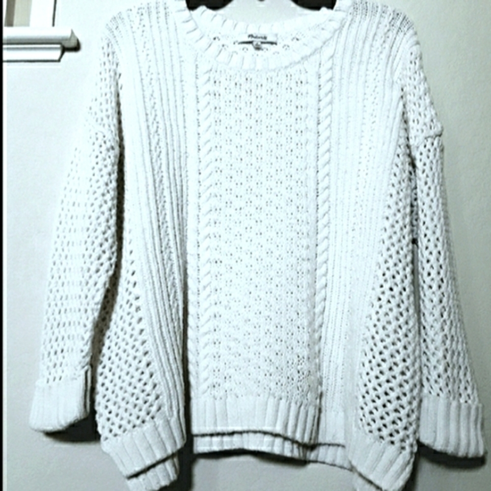 Madewell Ivory Cable Knit Crewneck Sweater